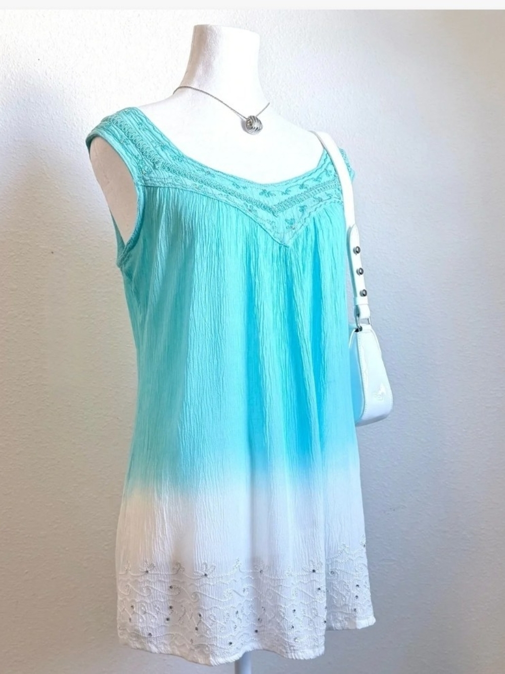 Raya Sun Aqua to White Ombre Embroidered Sleeveless Camisole